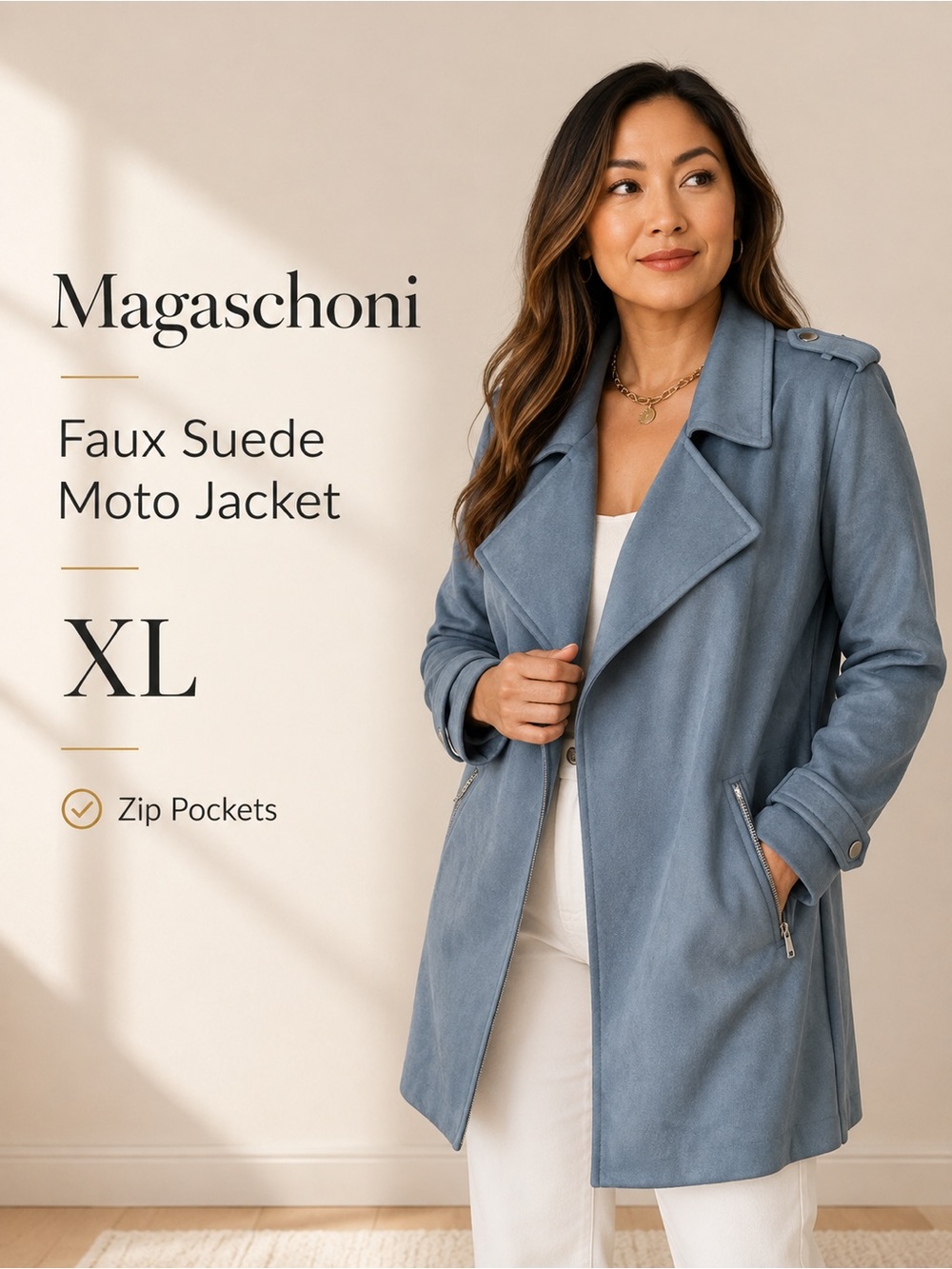 Magaschoni Dusty Blue Faux Suede Open Front Moto Jacket XL